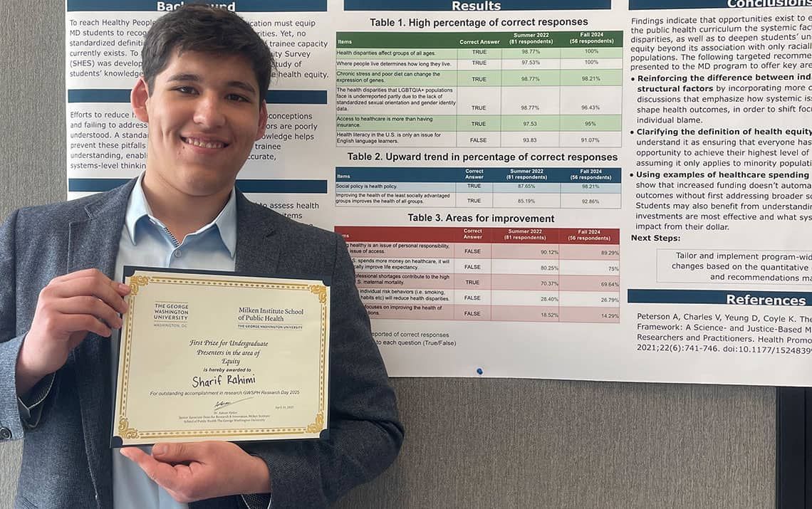 Sharif Rahimi standing with the 1st place undergraduate equity prize and his presentation poster